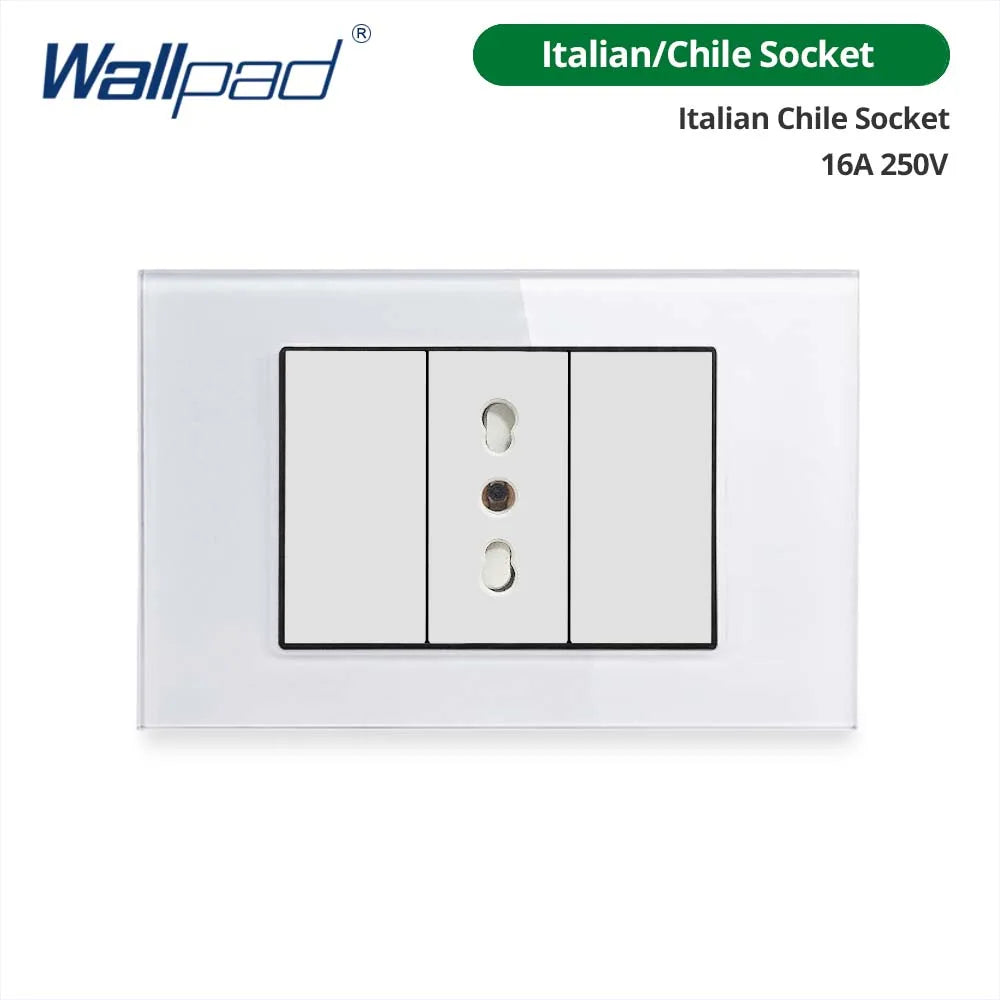 Wallpad Panel de vidrio templado blanco interruptor de luz de pared UE Reino Unido italiano Chile enchufe botón basculante 118*75mm 16A AC110-250V