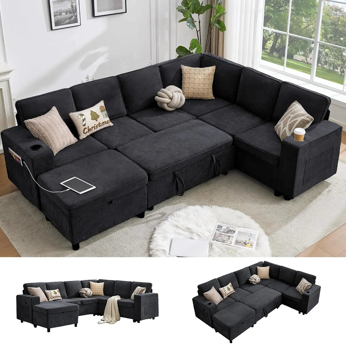 Sofá Seccional Modular de 107 Pulgadas con Cama Extraíble, Sofá Seccional en Forma de U de 7 Plazas con Otomana de Almacenamiento, USB, Personalizable