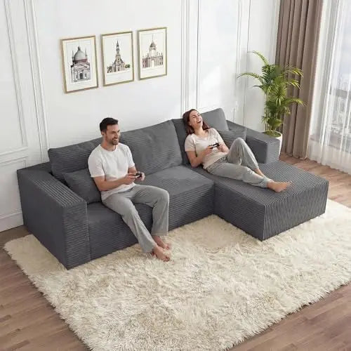 (Stock local en EE. UU.) Sofá modular en forma de L de 92.5 pulgadas con asientos profundos, chaise longue y convertible 4 en 1 de pana D