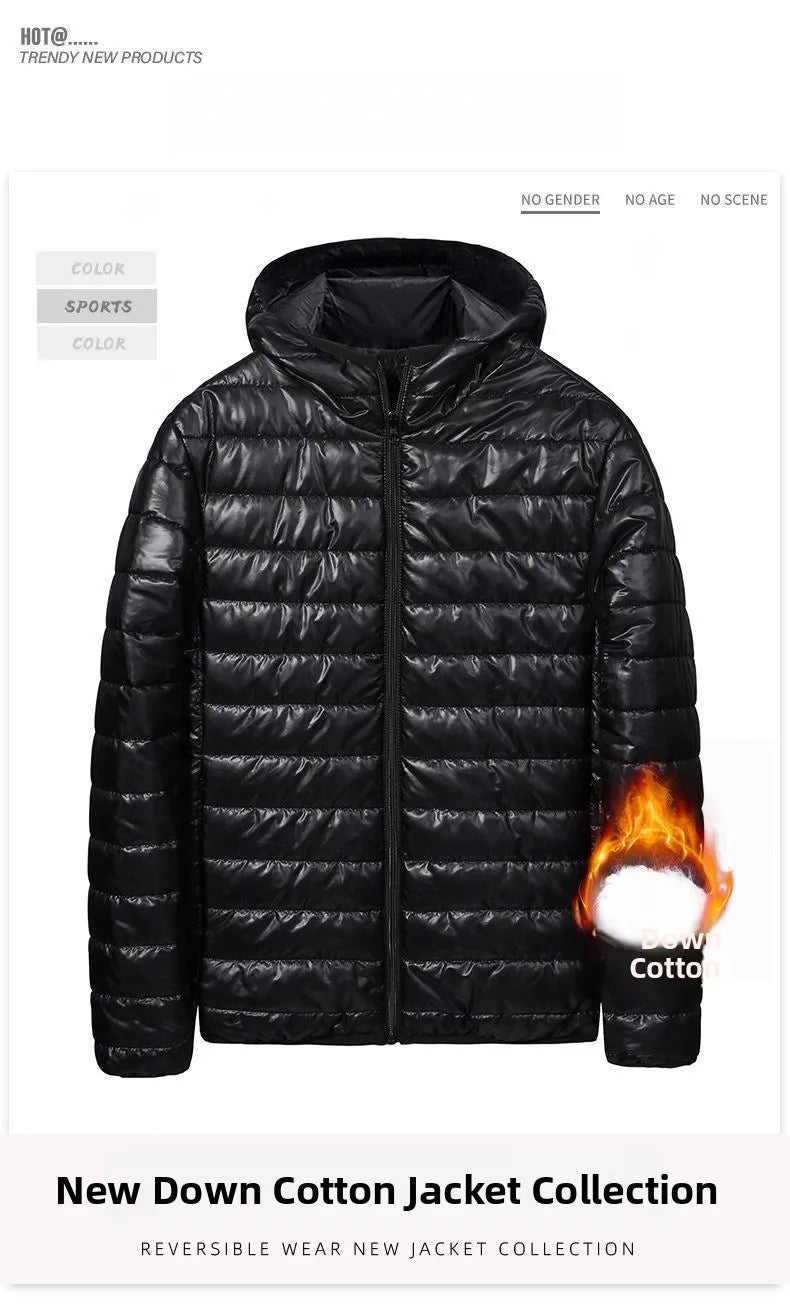 Chaqueta de plumón ligera para hombre, estilo nuevo de otoño-invierno, tipo abrigo acolchado, con cierre de cremallera y capucha, de fibra de poliéster.