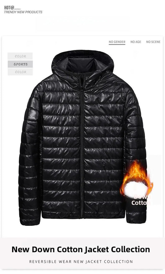 Chaqueta de plumón ligera para hombre, estilo nuevo de otoño-invierno, tipo abrigo acolchado, con cierre de cremallera y capucha, de fibra de poliéster.