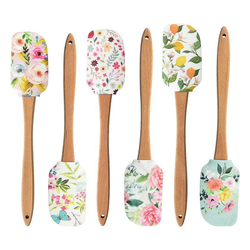 Utensilios de cocina de silicona antiadherentes con mango de madera, espátula, cuchara, juegos de cepillos, herramientas de cocina para hornear coloridas, 30,5 cm