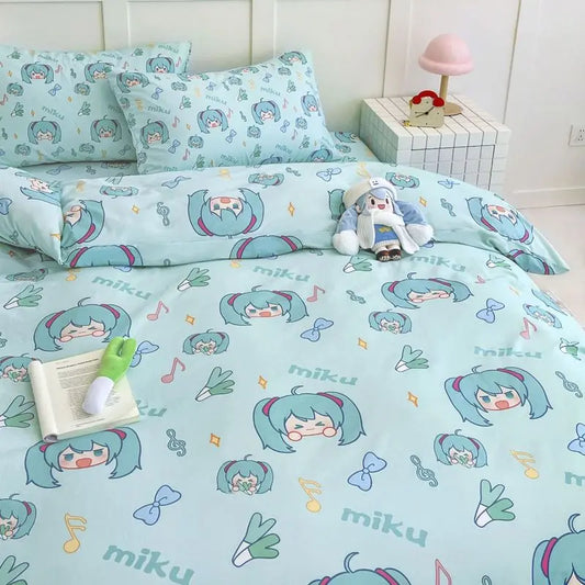 Nuevo Juego de cama Miku de 4 piezas totalmente de algodón para niñas, sábanas bonitas de dibujos animados de Anime, juego de cama para dormitorio de estudiantes, fundas de almohada, funda nórdica