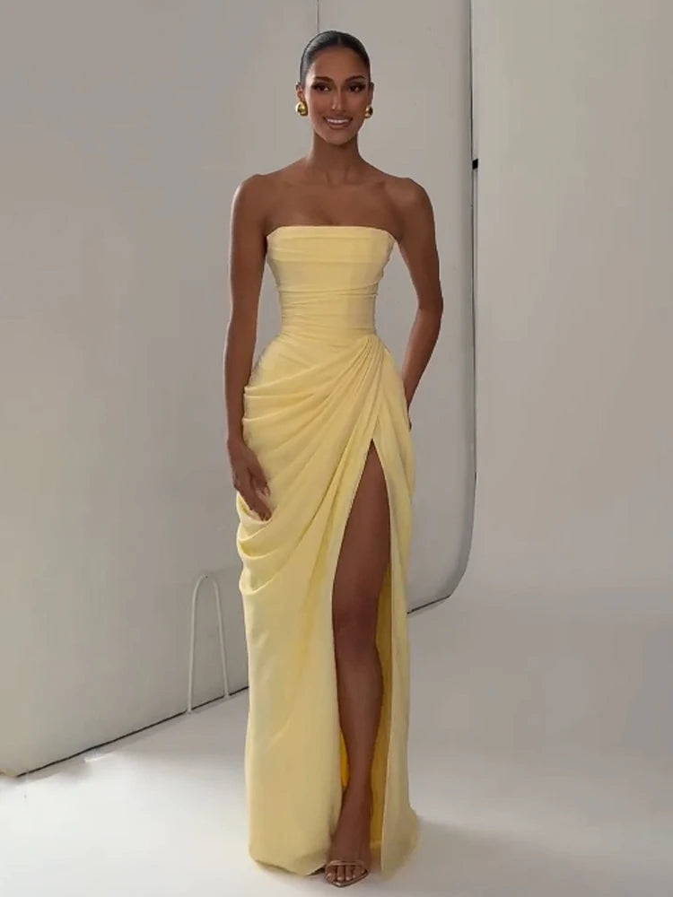 Vestido Maxi Plisado Sólido Sexy con Cuello Halter para Mujer, sin Mangas, sin Espalda, con Cintura Ajustada y Abertura, Vestidos de Fiesta de Verano 2026