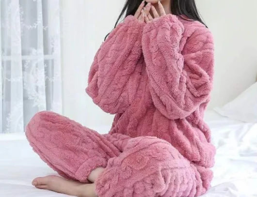 Otoño Invierno suelto dulce Casual pijamas conjunto de mujer de lana gruesa de manga larga Top hogar cintura elástica pantalones largos pantalones