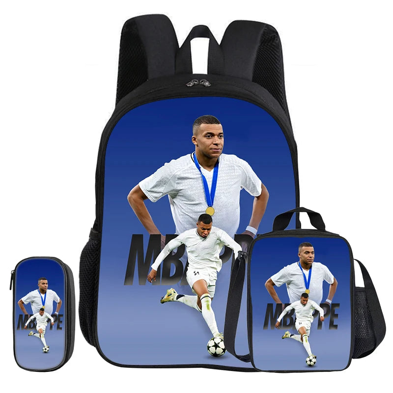 M-Mbappe-Juego de 3 piezas de mochila escolar con diseño de estrella de fútbol para niños, bolsa para lápices, mochila con bolsa para el almuerzo, mochila deportiva, regalo para niños