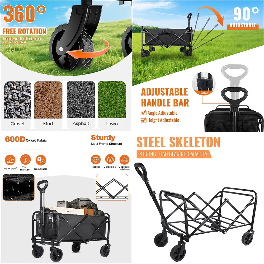 Carrito de Camping Plegable de Gran Capacidad (100L), Carrito de Compras, Carrito de Jardín, Carrito Plegable Portátil para Exteriores, Carrito de Picnic