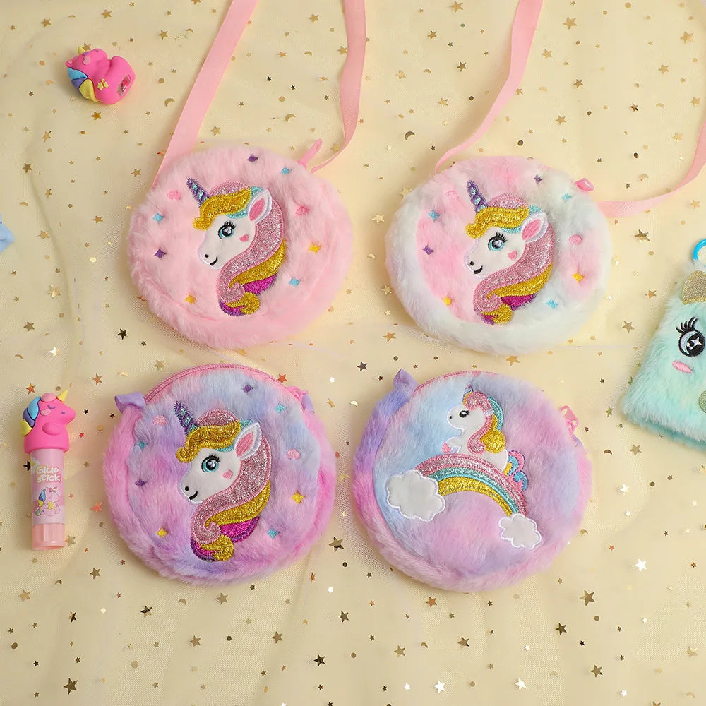 Bolso cruzado de unicornio de dibujos animados para niños, bolso de hombro de felpa bonito, Mochila pequeña para niñas, adecuado para regalos de vacaciones escolares, 2 uds.