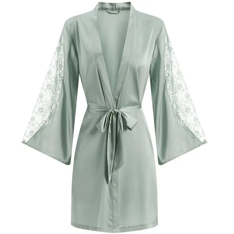 Sexy Intimate Lingerie Perspective Nightwear Lace Patchwork Home Wear Robe Suit Lady Kimono Gown Sleepwear Satin Nighty Bathrobe