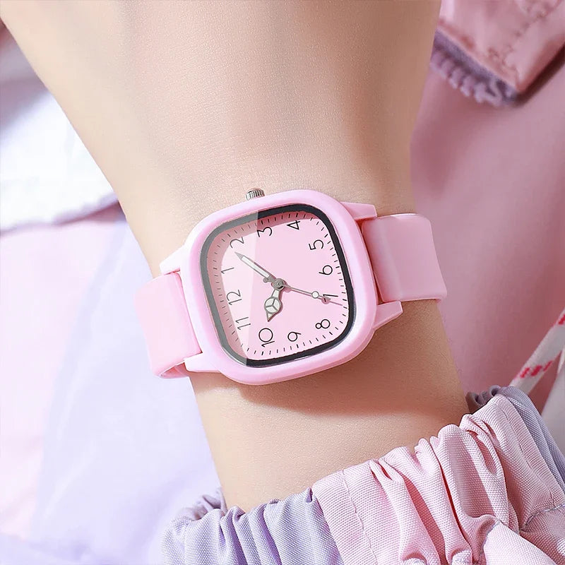 Relojes de Mujer con banda de silicona de Color caramelo a la moda, Reloj de pulsera de cuarzo con esfera cuadrada para Mujer, Reloj para niñas