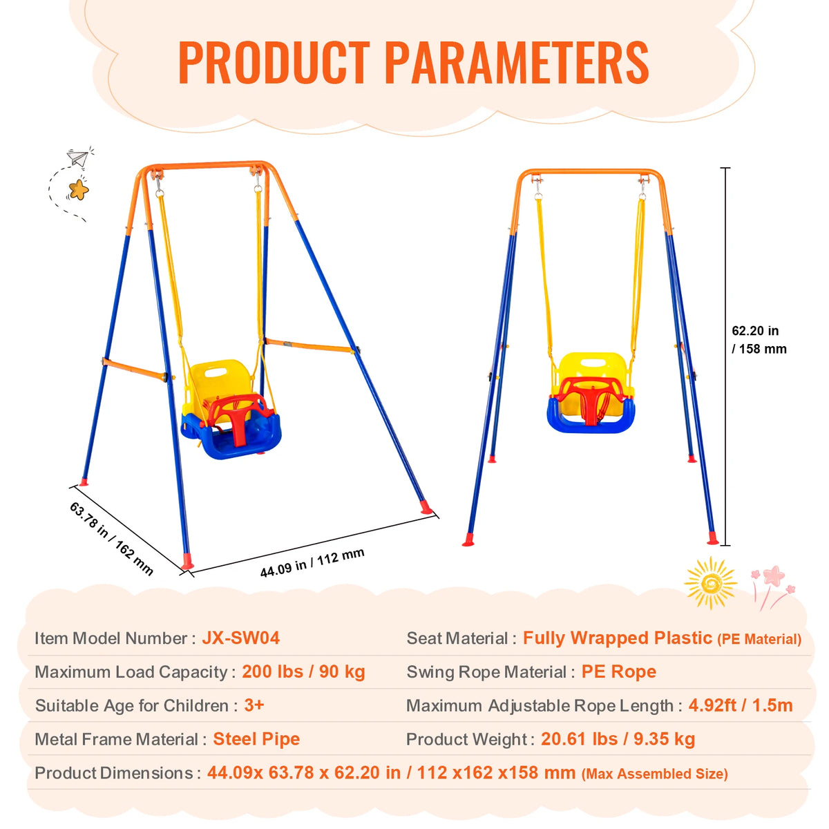 SucceBuy Juegos de columpios para patio trasero Juego de columpios de 600 libras de capacidad con 1 asiento de columpio de platillo 2 asientos de columpio de cinturón Columpio al aire libre para niños
