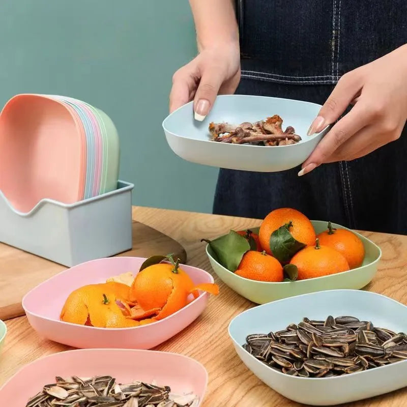 Juego de 10 platos reutilizables para frutas y postres, platos para aperitivos lavables y multifuncionales con Base integrada para huesos y dulces, versátiles