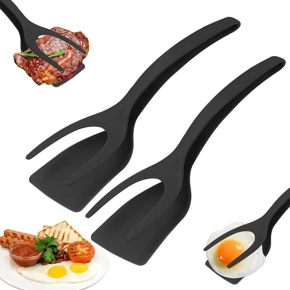 Nueva Espátula 2 en 1 con Pinzas, Espátula para Voltear Huevos, Espátula de Nailon con Revestimiento Antiadherente, Herramienta para Hacer Panqueques, Pescado, Tostadas Francesas y Omelettes