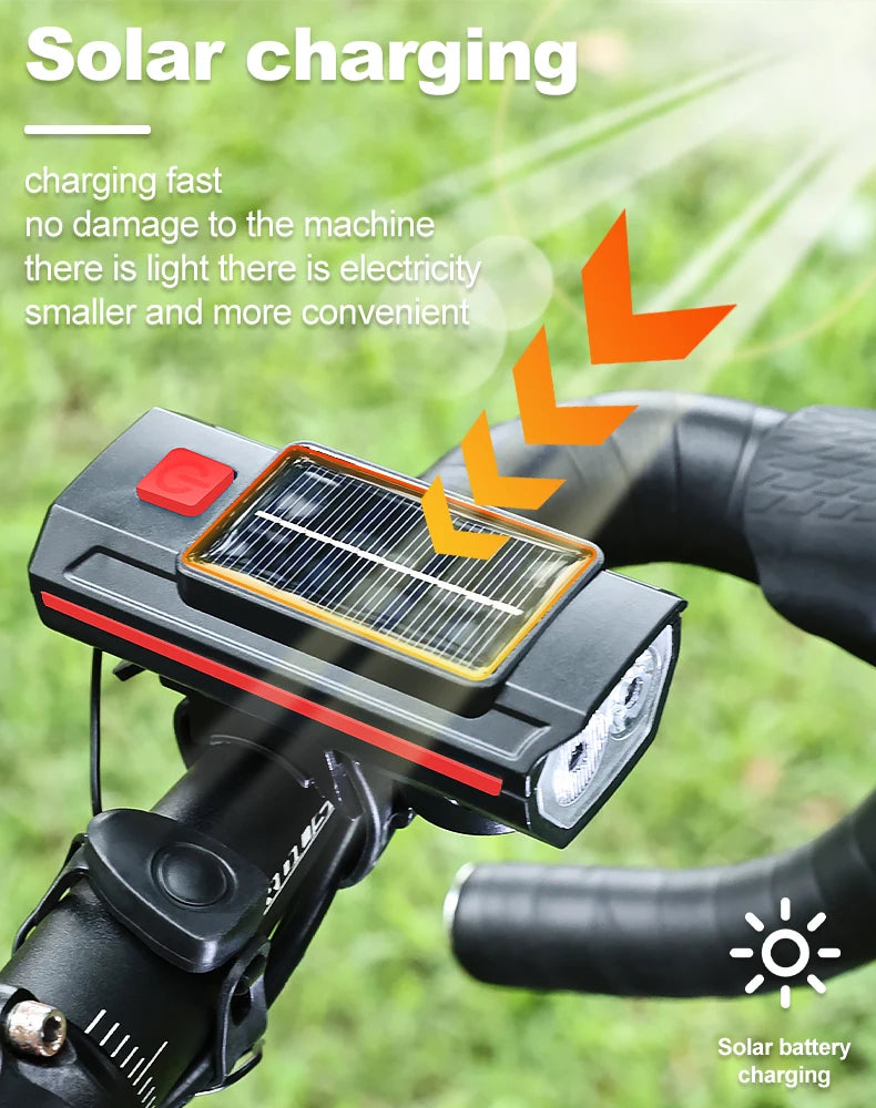 Luz Solar para bicicleta con bocina, 120dB, TYPE-C, carga rápida, lámpara frontal para bicicleta de montaña y carretera, linterna para bicicleta de 1200 mah