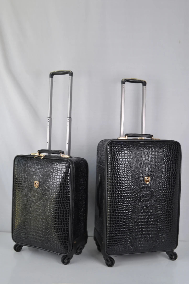 Equipaje rodante de cuero con patrón de cocodrilo, maleta con ruedas de embarque de 16/20/24 pulgadas, equipaje de viaje de cuero real para hombres y mujeres