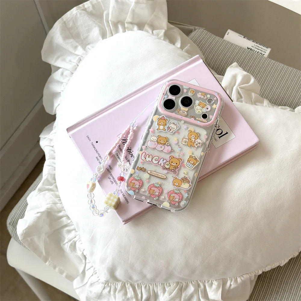 Funda de Teléfono con Diseño de Rilakkuma y Fresas para iPhone 17 Pro, 16 Pro Max, 15 Pro, con Cadena, Fundas Kawaii de Dibujos Animados, Antigolpes
