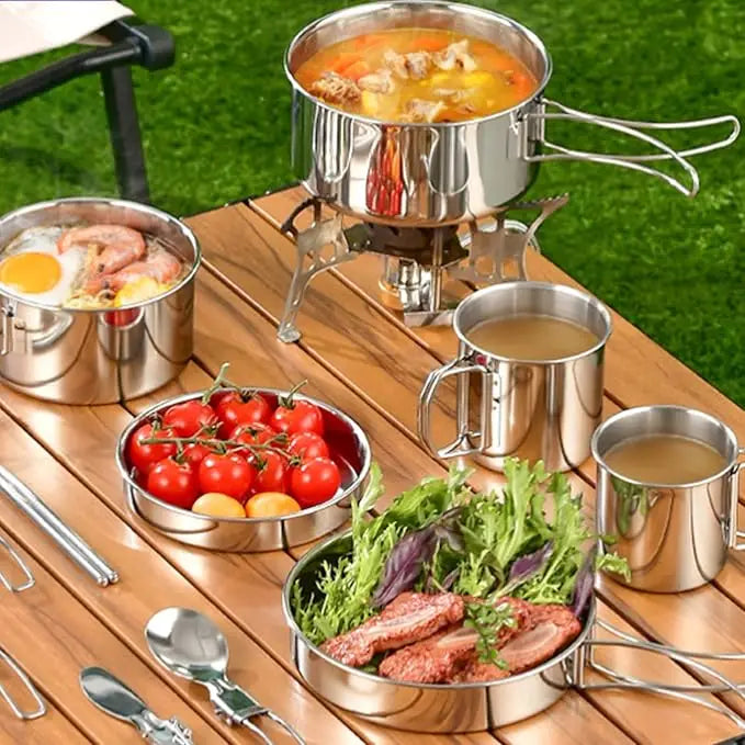 Juego de utensilios de cocina para acampar, olla de cocina de acero inoxidable con sartén, utensilios de cocina portátiles para exteriores, olla para Picnic, mochilero, Camping y senderismo