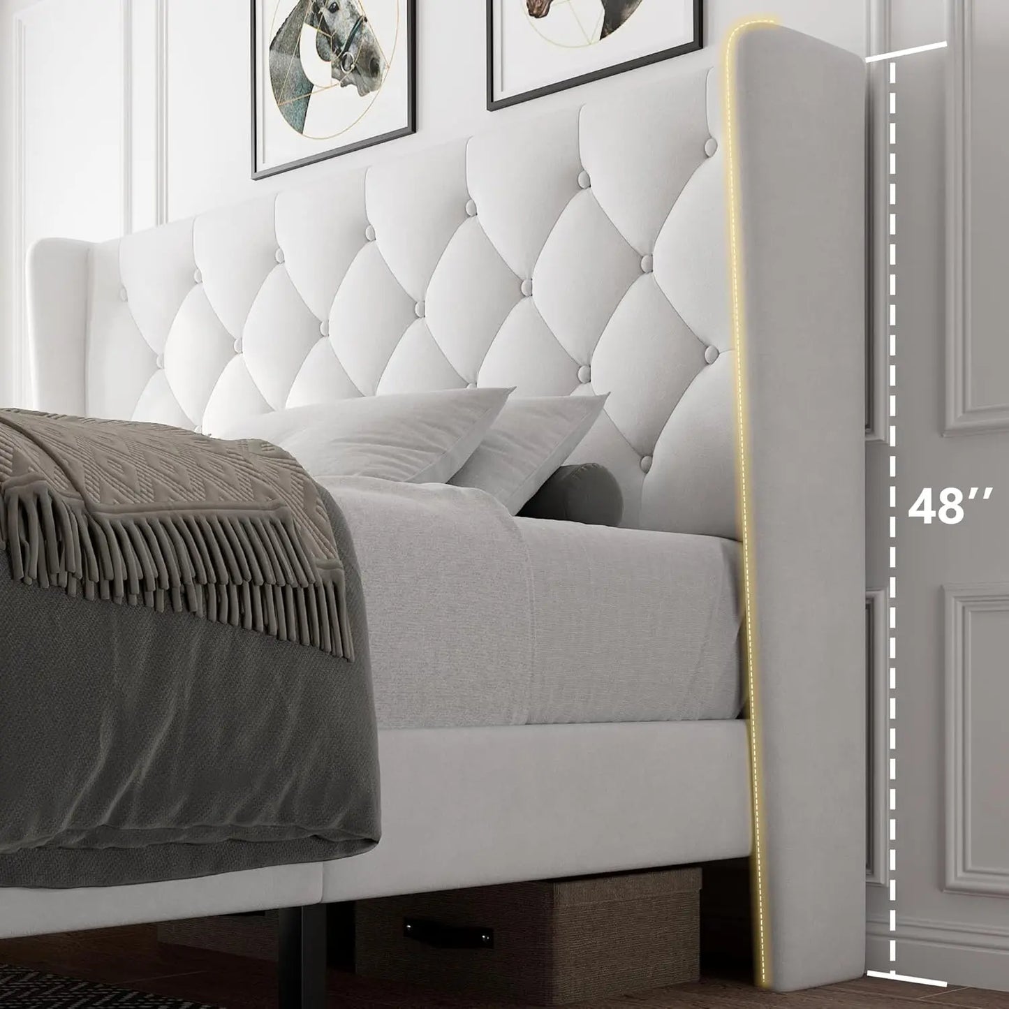 Cama Queen con Plataforma de Terciopelo, Tapizada con Botones, Estructura de Madera, Láminas de Madera, 8 Pulgadas de Espacio de Almacenamiento Debajo de la Cama, Sin Necesidad de Somier, Sin Ruido, Fácil de Montar
