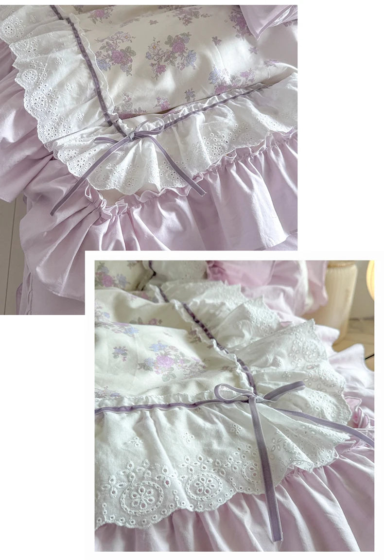 Juego de Ropa de Cama de Algodón 100% con Volantes de Encaje de Doble Capa y Diseño Floral Rosa, Incluye Funda Nórdica, Sábana, Falda de Cama, Sábana Ajustable y Fundas de Almohada (4 Piezas)