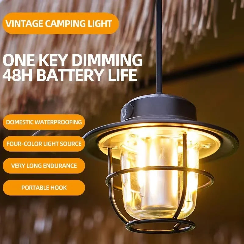Lámpara LED para acampar, lámpara colgante Retro, luz portátil con atenuación continua para acampar, linterna de luz recargable impermeable para exteriores