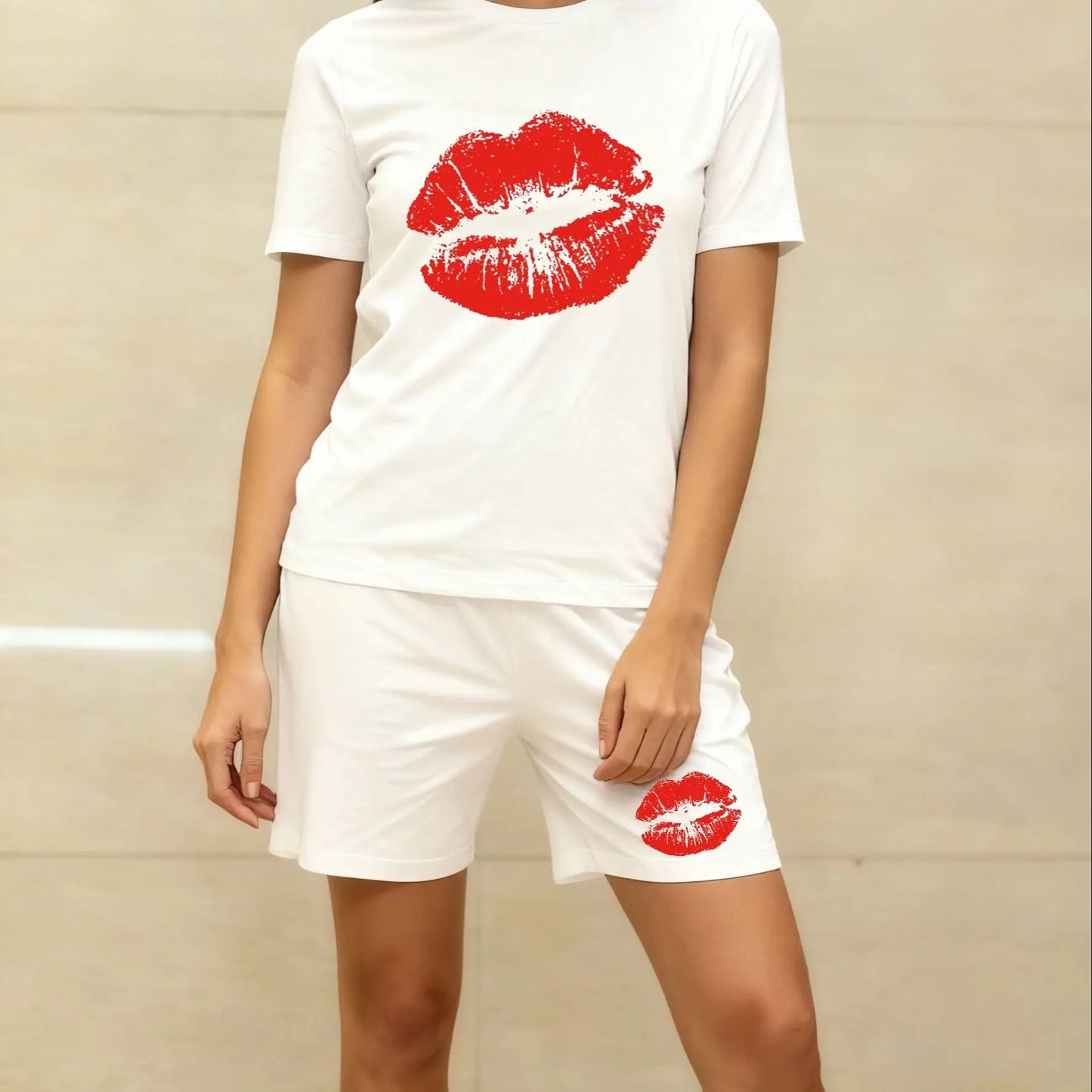 Conjunto de pijama de 2 piezas para mujer, camiseta de manga corta y pantalones cortos con estampado de labios rojos, ropa de dormir de algodón suave, S-XXL