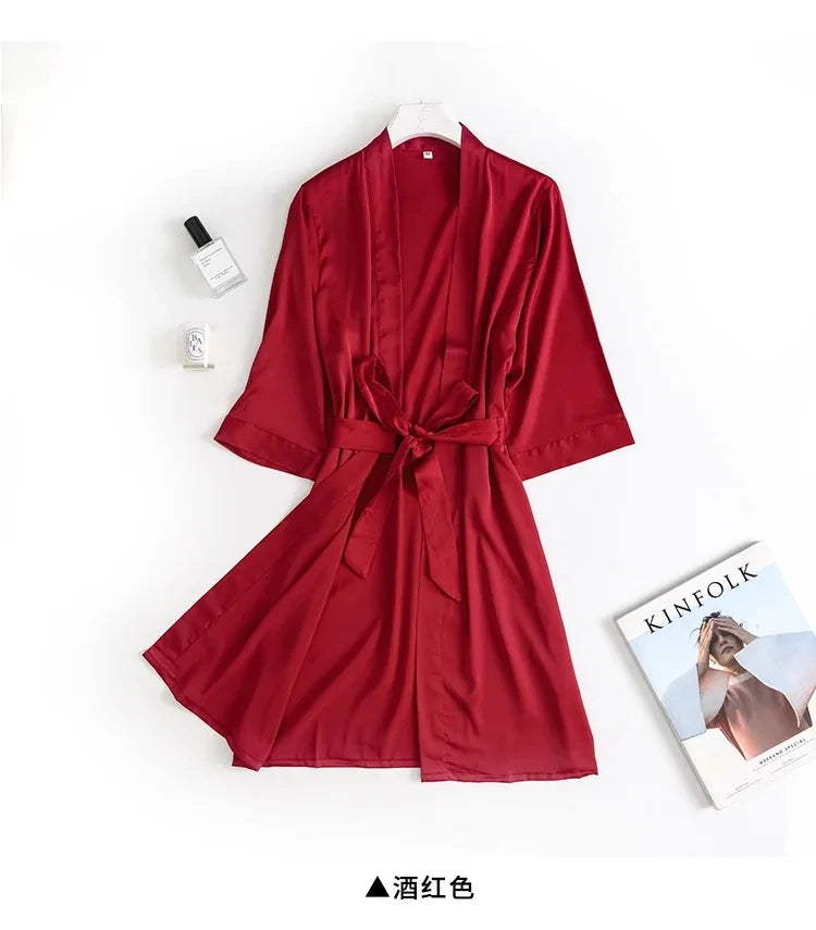 Bata de Novia Blanca para Mujer, Kimono de Satén de Seda, Ropa de Dormir Holgada con Manga 3/4, Lencería
