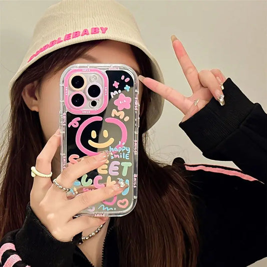Dulce sonrisa de la suerte patrón espejo de maquillaje funda trasera dura para iPhone 13 15 16 Pro Max 14 11 12 Linda chica cubierta a prueba de golpes