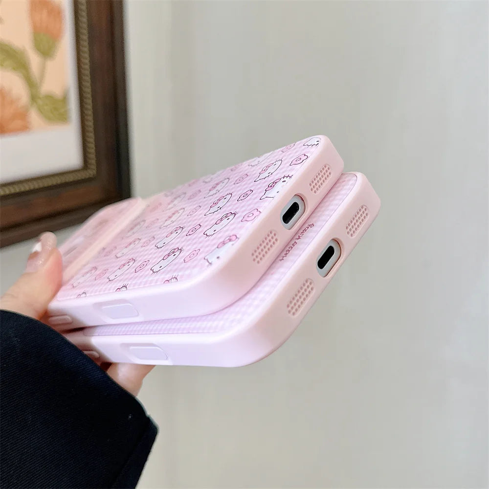Funda Protectora Brillante con Diseño de Hello Kitty a Cuadros Rosados Estilo Coreano para iPhone 17, 16, 14, 13, 15 Pro, 17 Pro Max