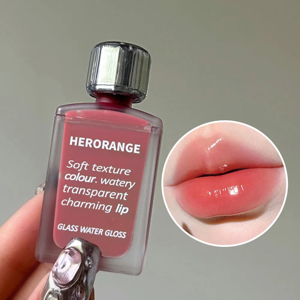 Brillo de agua de vidrio ligeramente, esmalte de labios Herorange, espejo hidratante, labios regordetes, no es fácil de pegar en la taza, maquillaje de larga duración