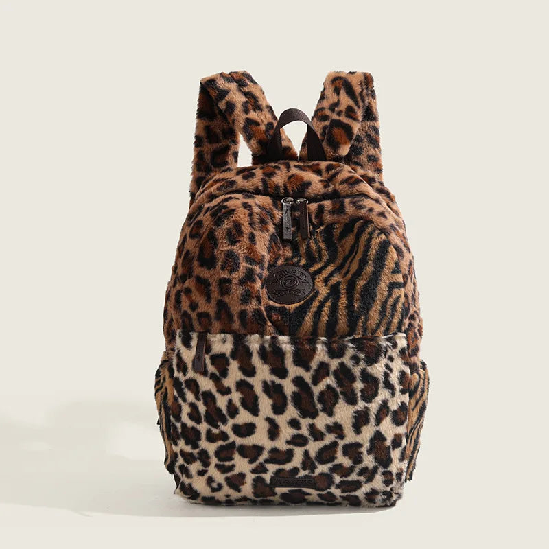 Mochila con estampado de leopardo, mochila de cabina de avión a la moda, bolso escolar de gran capacidad, bolsas suaves de felpa versátiles, Mochilas para Mujer 2025