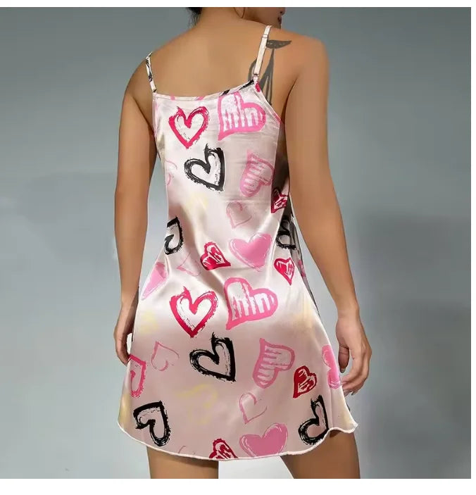 Camisón Sexy con tirantes para mujer, lencería Sexy de satén de seda, ropa de dormir con pintura Floral, minivestido para el hogar