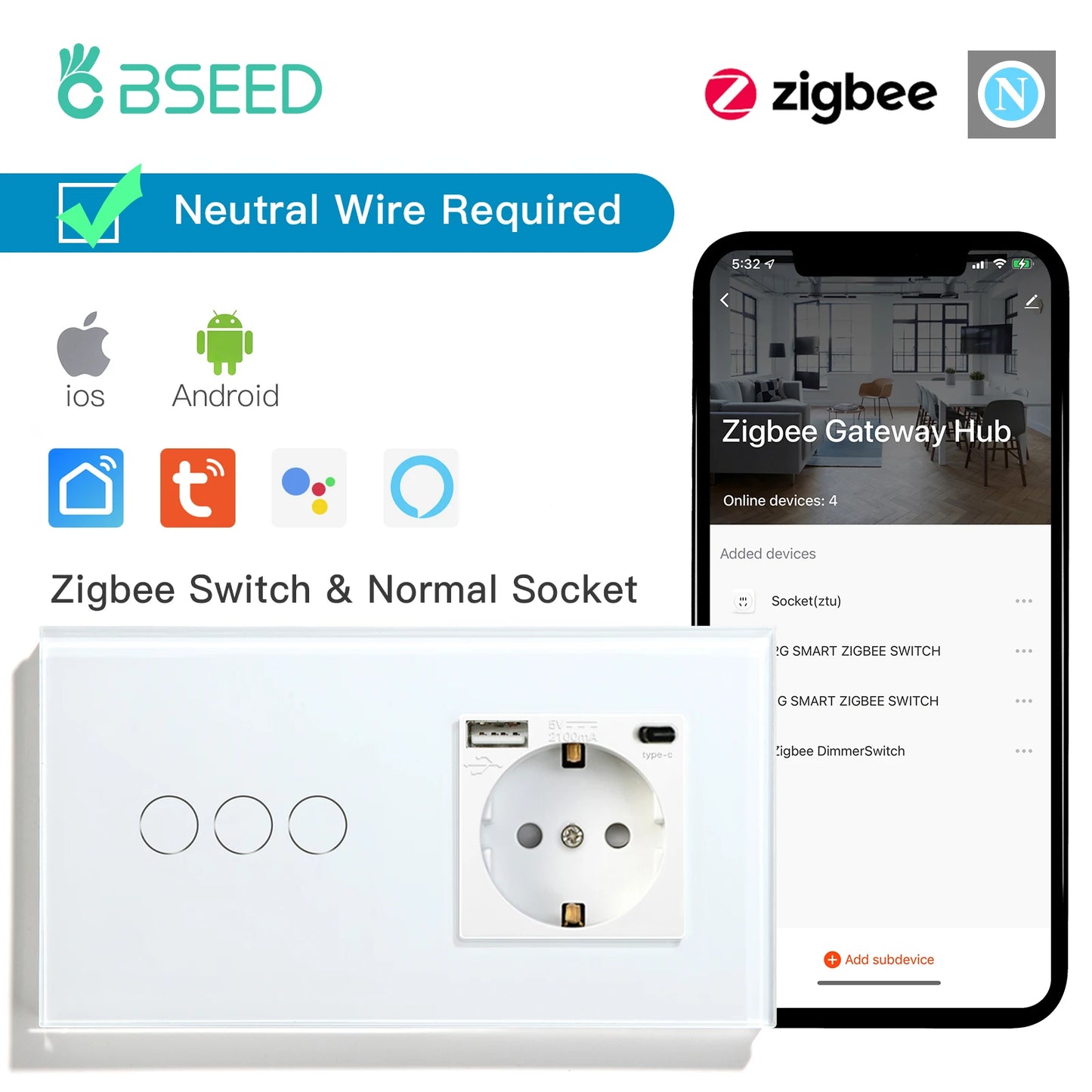 Interruptores BSEED Zigbee, interruptor de luz inteligente de 1/2/3 entradas, enchufes de pared normales de la UE, interruptores táctiles multicontrol, aplicación Tuya Smart Life Alexa