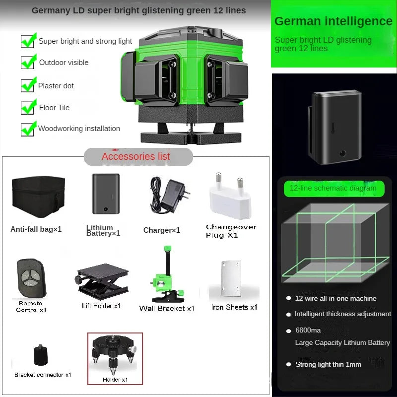 Láser 4D de 16 líneas Nivel 3 °   Herramienta de nivelación con función autonivelante, líneas láser omnidireccionales para piso y pared con trípode
