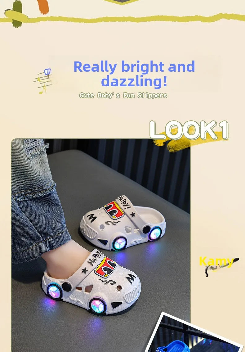 Pantuflas Infantiles Verano 2026, Nuevas Pantuflas de Playa para Niños con Forma de Auto, con Ruedas que se Iluminan, Antideslizantes y con Suela Suave