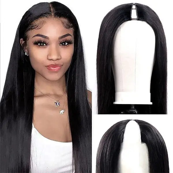 Peluca recta sin pegamento con parte en V, cabello humano brasileño liso con hueso, pelucas de cabello humano para mujeres, parte en V, sin pegamento, 30 y 36 pulgadas