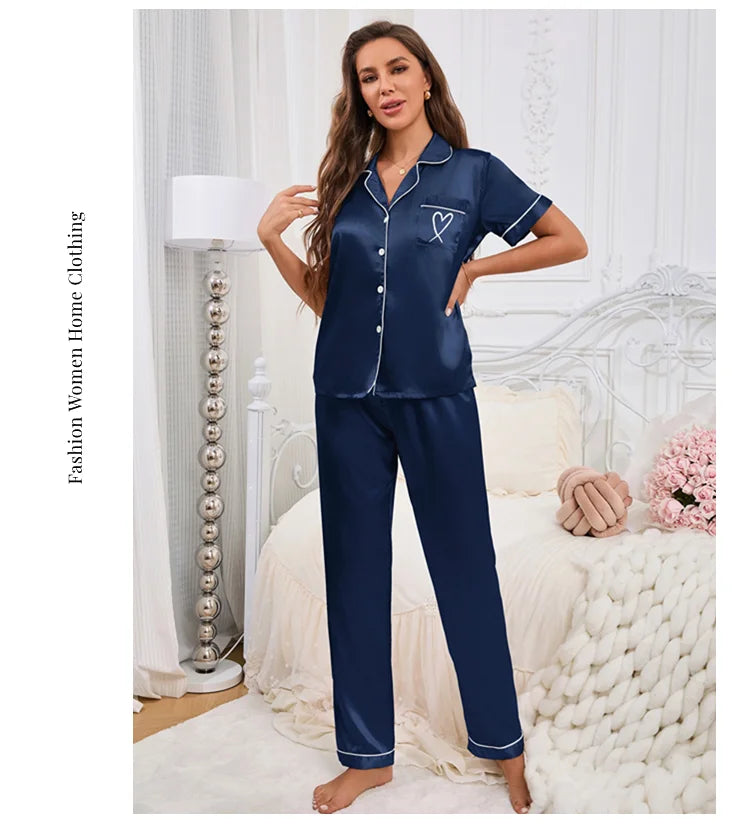 Conjunto de pijama para mujer, ropa para el hogar, camisa de manga corta de satén con pantalones, ropa de dormir, conjunto de 2 piezas, pijama bordado en forma de corazón