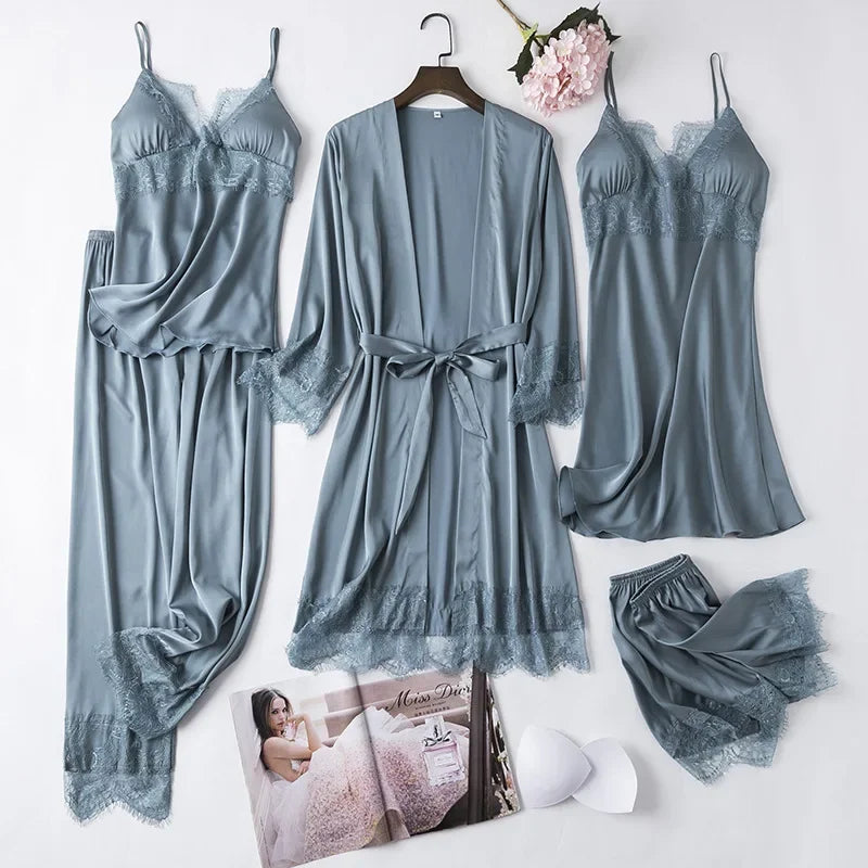 Conjunto de pijama de seda blanca para mujer, bata de boda de 5 piezas, camisón Sexy de encaje, ropa de dormir, Kimono, albornoz, lencería