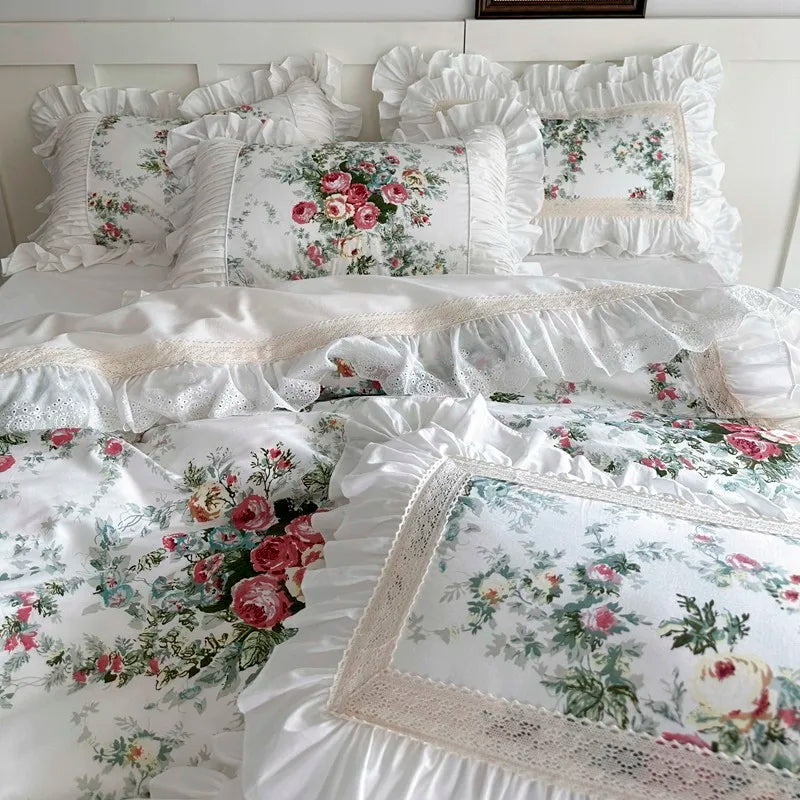 Juego de fundas de edredón con volantes, de 3 piezas ropa de cama, Floral, 100% algodón, blanco, 2 fundas de almohada, US/UK, Super King size