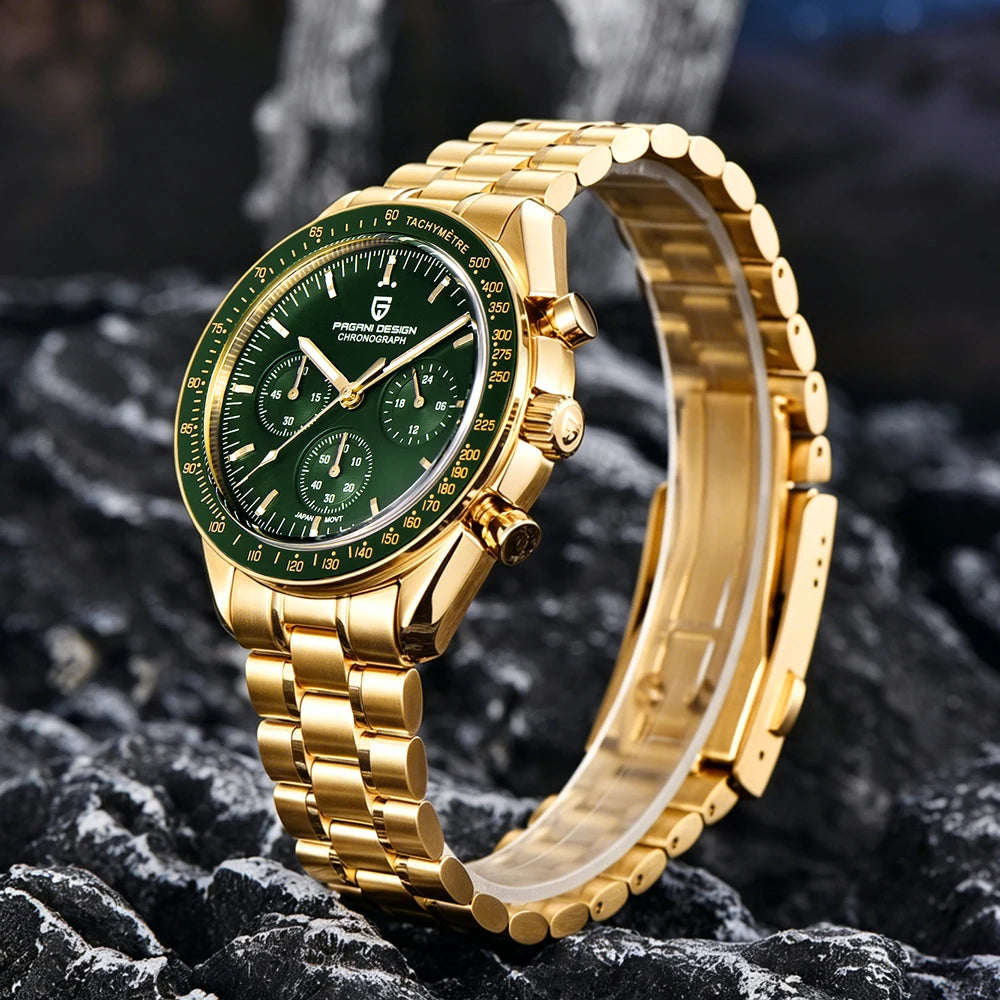 Relojes PAGANI DESIGN Moon para hombre, reloj de cuarzo de lujo dorado, cronógrafo deportivo, zafiro AR, resistente al agua, luminoso, regalo para hombre