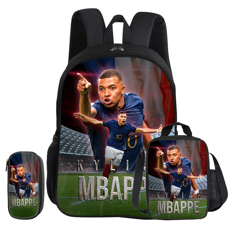 M-Mbappe-Juego de 3 piezas de mochila escolar con diseño de estrella de fútbol para niños, bolsa para lápices, mochila con bolsa para el almuerzo, mochila deportiva, regalo para niños