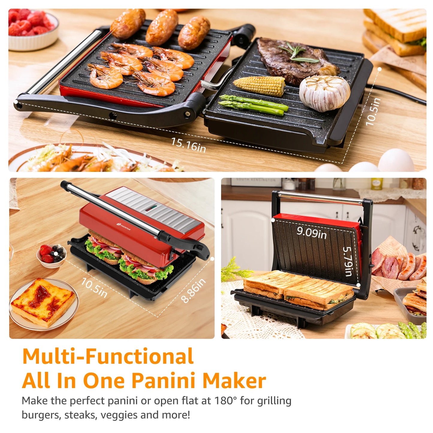 Parrilla Eléctrica, Máquina de Panini y Sandwichera, Apertura 180º, Placas Antiadherentes 23 x 14,5 cm, Libre de BPA, 1000W
