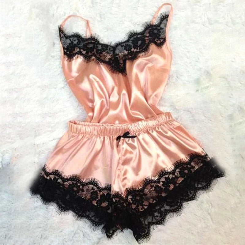 Conjunto de pijama de satén con encaje para mujer, ropa de dormir erótica, Sexy, con tirantes, a la moda