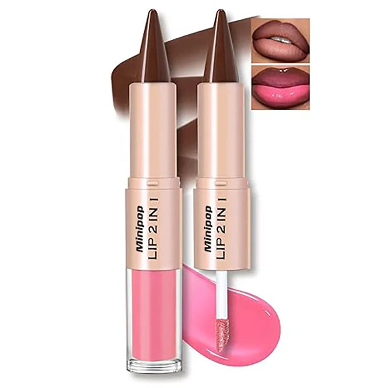 Brillo Labial 2 en 1 de Doble Punta, Delineador y Lápiz Labial, Impermeable, de Larga Duración, Voluminizador, Mate, Hidratante, Brillante, con Tinte Natural