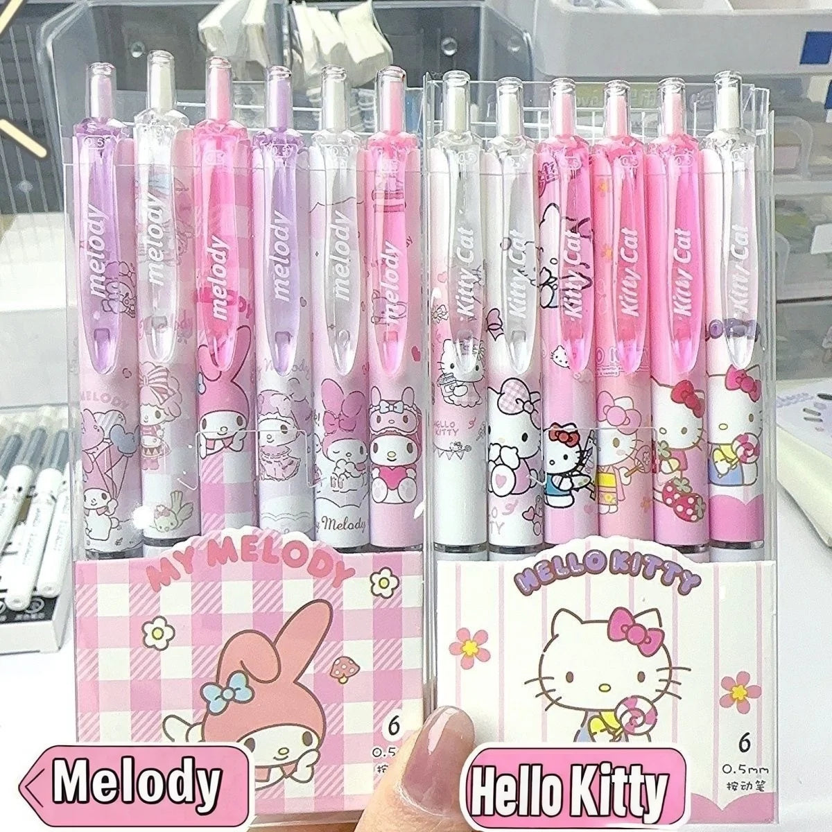 Juego de 6 bolígrafos de gel de alta calidad de Hello Kitty Melody, edición limitada, serie de dibujos animados, negro, 0,5 mm, papelería diaria para estudiantes/oficina