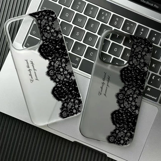 Funda de Teléfono con Letras de Encaje Negro para iPhone 17 16 15 14 13 12 11 Pro Max 13 12 17 Air 16 Plus, Carcasa Transparente Suave Antigolpes