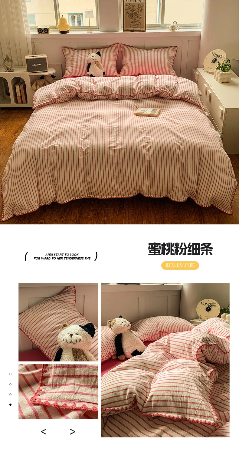 Juego de cama 100% de algodón a rayas, funda nórdica con funda de almohada, funda de edredón, tamaño King