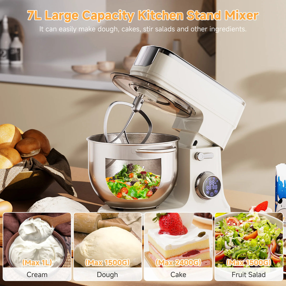 Batidora de Pedestal BioloMix de 7L para Repostería, Motor de CC de 1200W con Gancho Amasador, Batidor, Accesorio para Picar Carne - Batidora de Alimentos