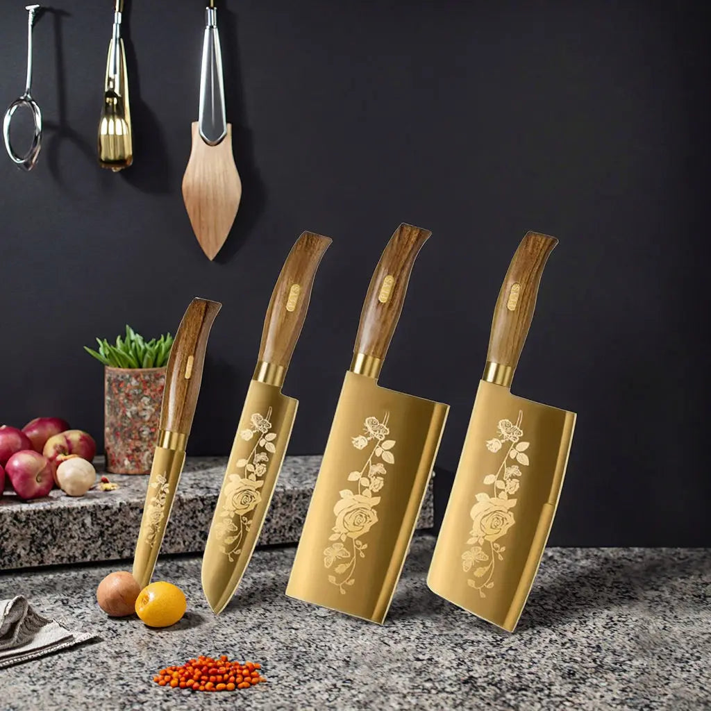 Juego de Cuchillos de Cocina de 4 Piezas con Diseño de Rosa Dorada, Cuchillo de Chef de Acero Inoxidable de Lujo para Cocinar, Herramientas de Cocina Profesionales Afiladas