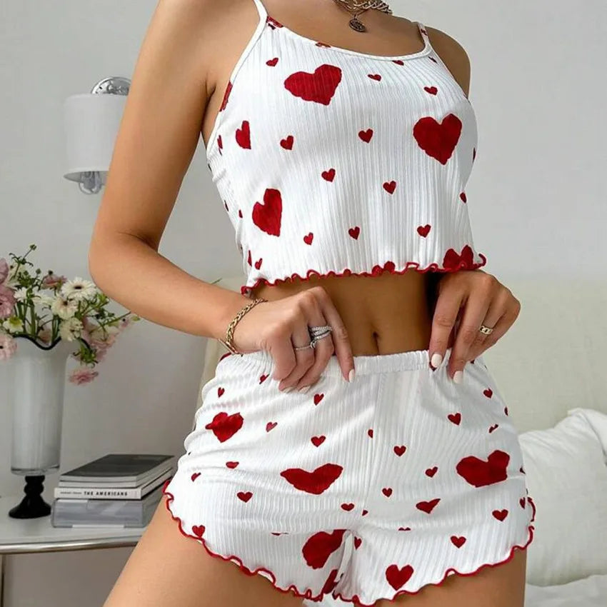 Conjunto de Pijama de Verano para Mujer, Transpirable, Suave, Informal, con Estampado de Amor, Pantalones Cortos con Tirantes, Lencería Sexy