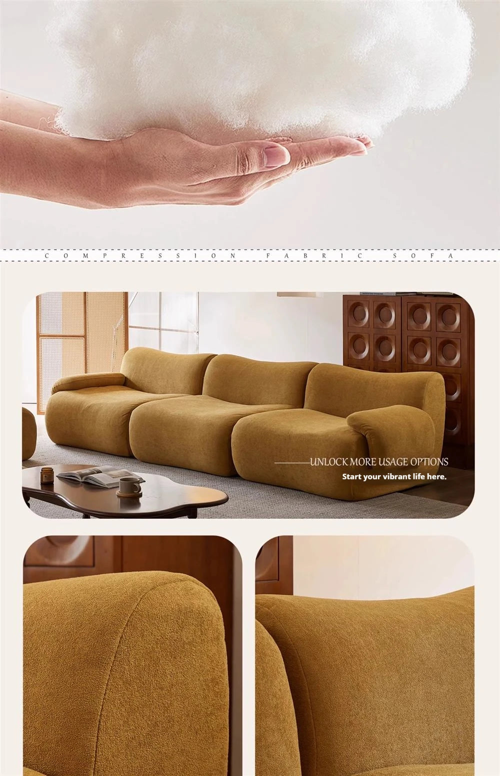 Sofá modular comprimido al vacío, seccional de tela Wabi-Sabi Sherpa con espuma muy elástica, estilo crema de mediados de siglo, ahorro de espacio